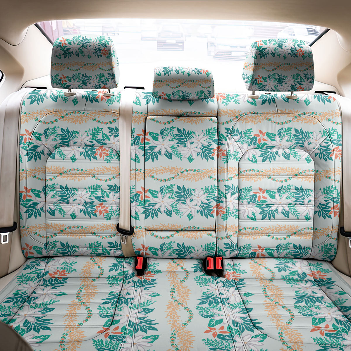 Monstera Tiare Plumeria Lei Pattern Back Car Seat Cover Teal Version