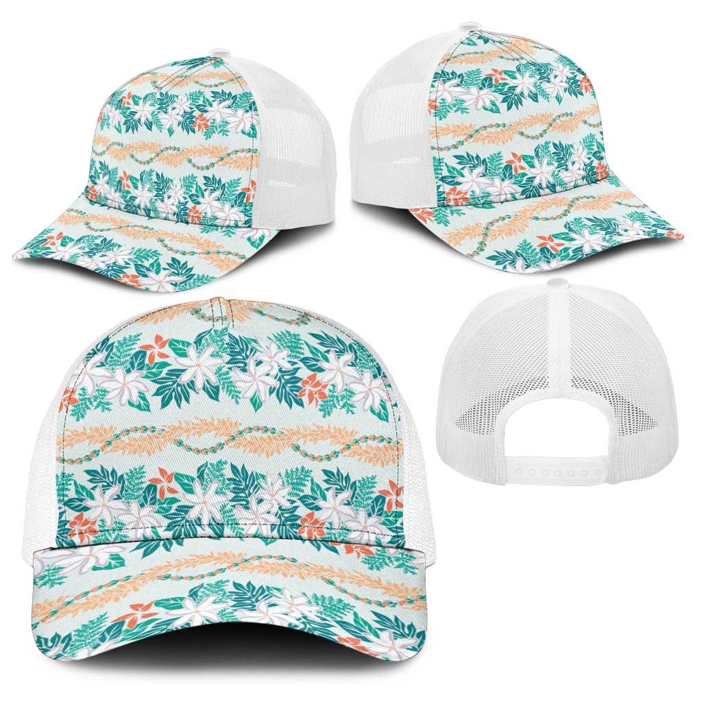 Monstera Tiare Plumeria Lei Pattern Baseball Net Cap Teal Version