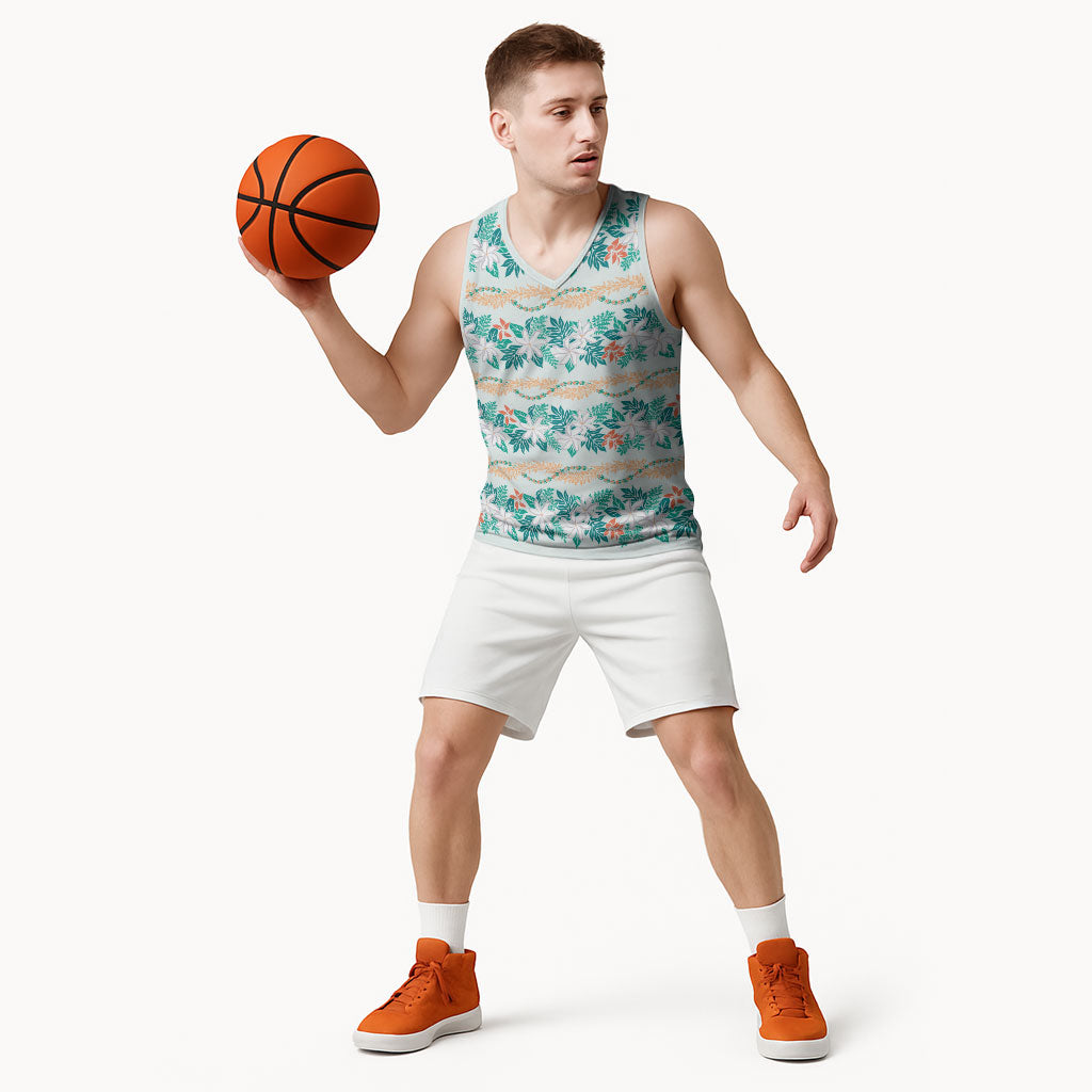 Monstera Tiare Plumeria Lei Pattern Basketball Jersey Teal Version LT01 - Polynesian Pride