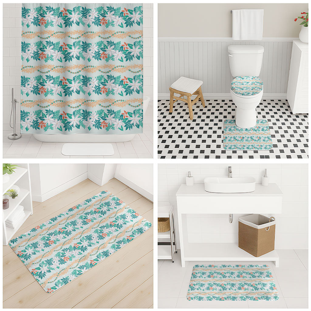 Monstera Tiare Plumeria Lei Pattern Bathroom Set Teal Version