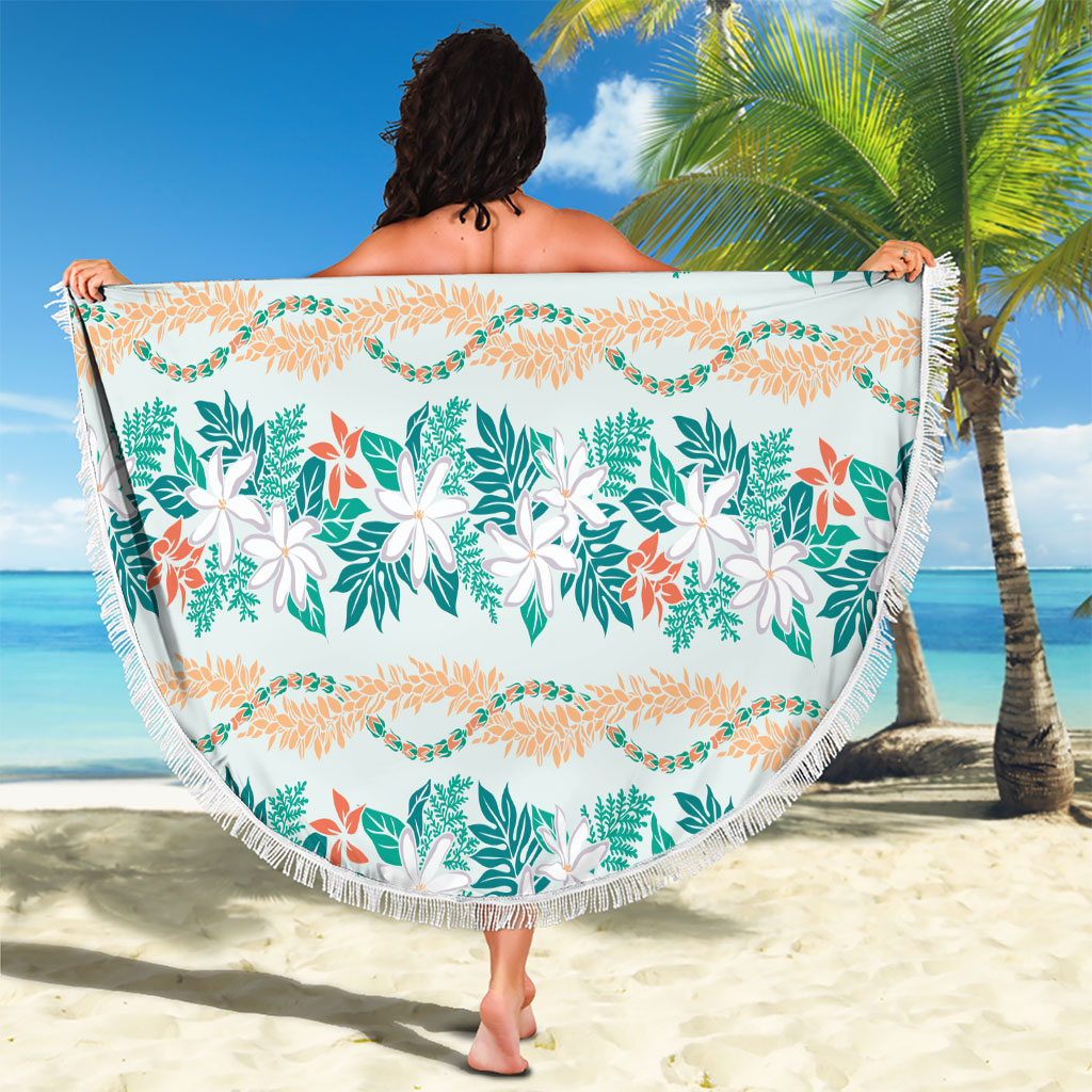 Monstera Tiare Plumeria Lei Pattern Beach Blanket Teal Version
