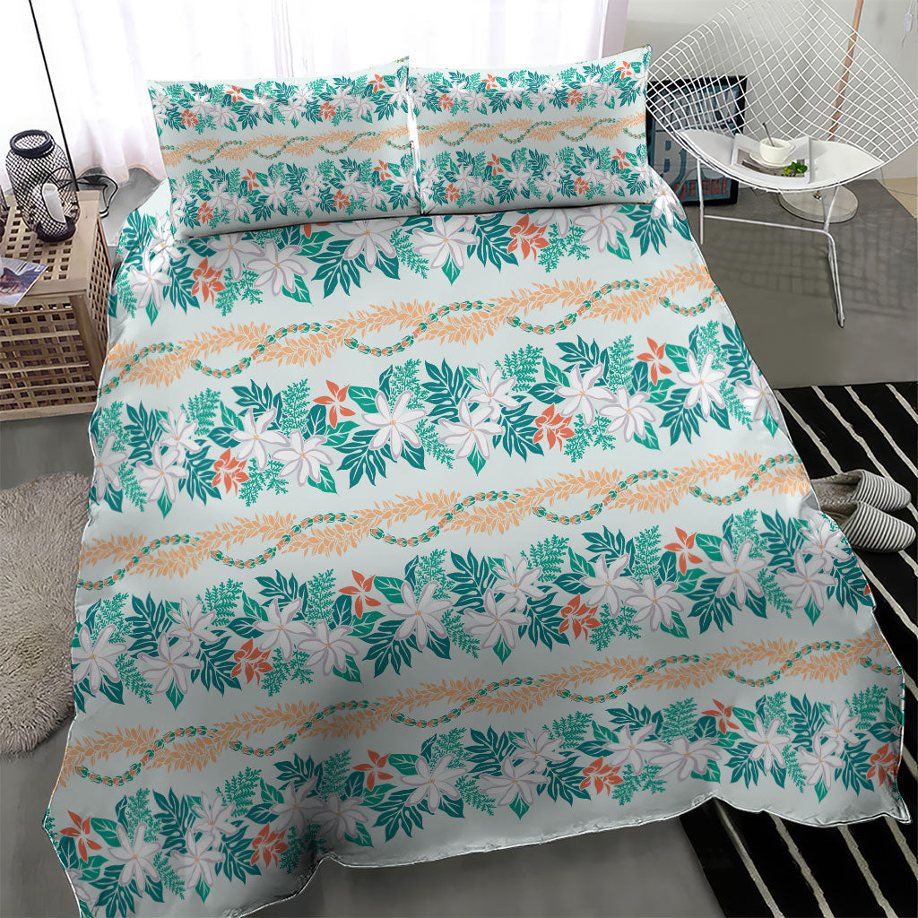 Monstera Tiare Plumeria Lei Pattern Bedding Set Teal Version LT01 - Polynesian Pride