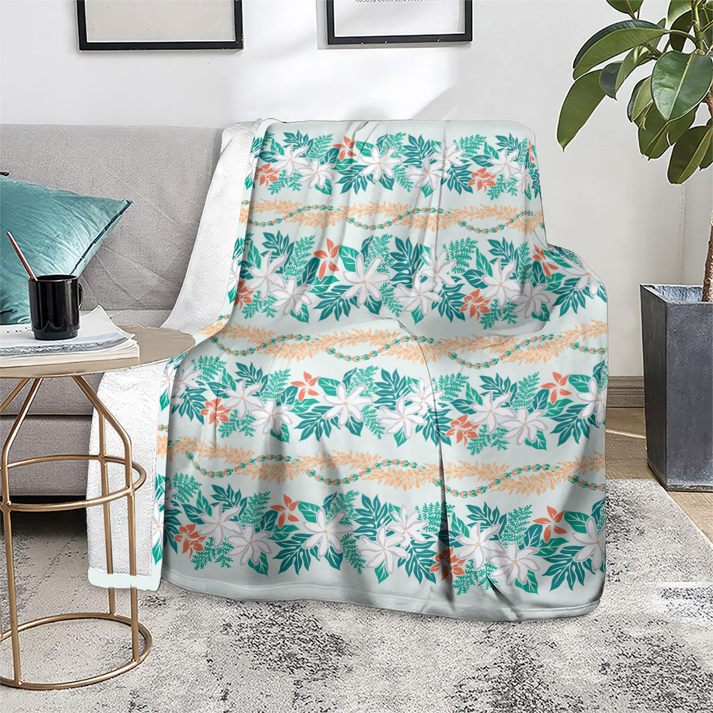 Monstera Tiare Plumeria Lei Pattern Blanket Teal Version