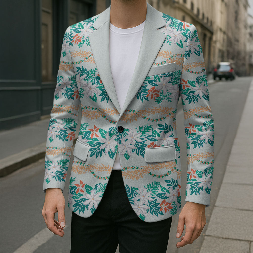 Monstera Tiare Plumeria Lei Pattern Blazer Teal Version LT01 - Polynesian Pride
