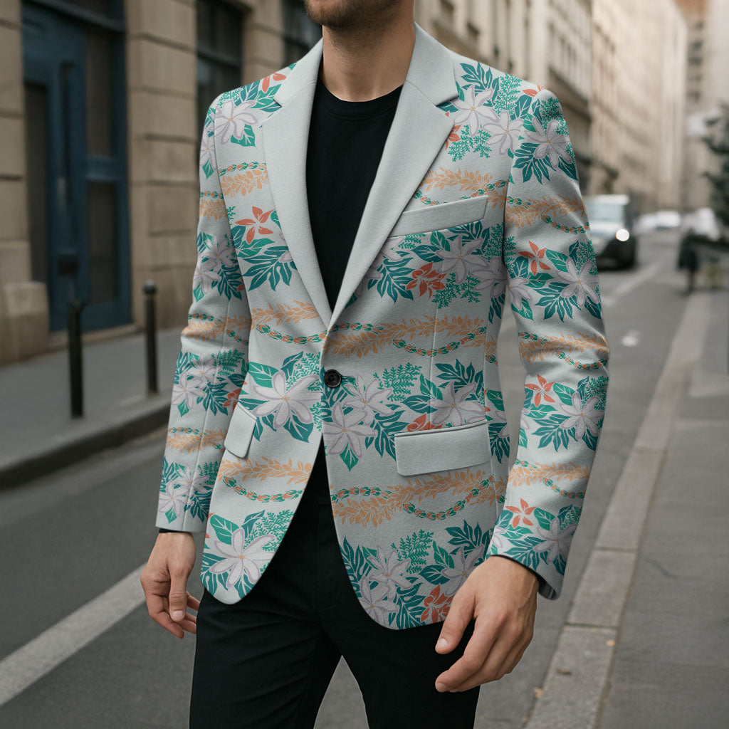 Monstera Tiare Plumeria Lei Pattern Blazer Teal Version LT01 - Polynesian Pride