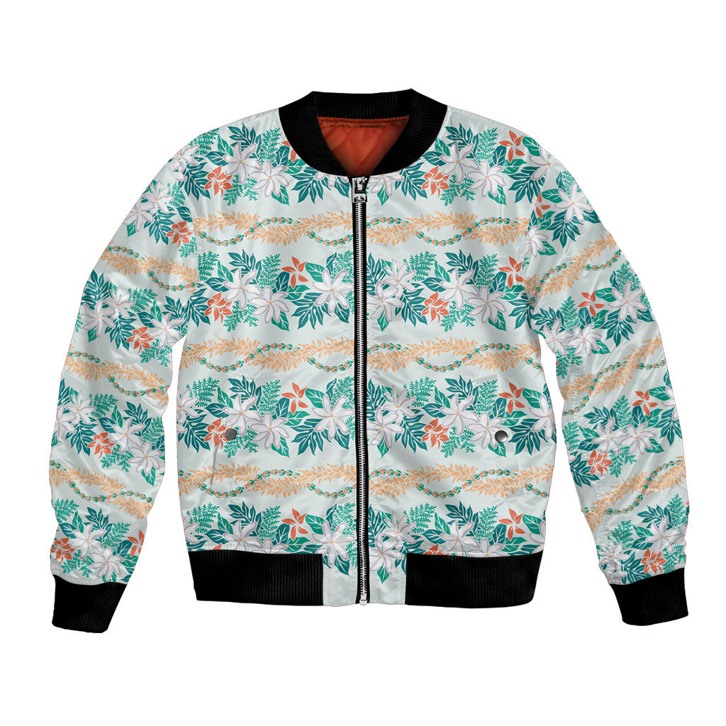 Monstera Tiare Plumeria Lei Pattern Bomber Jacket Teal Version