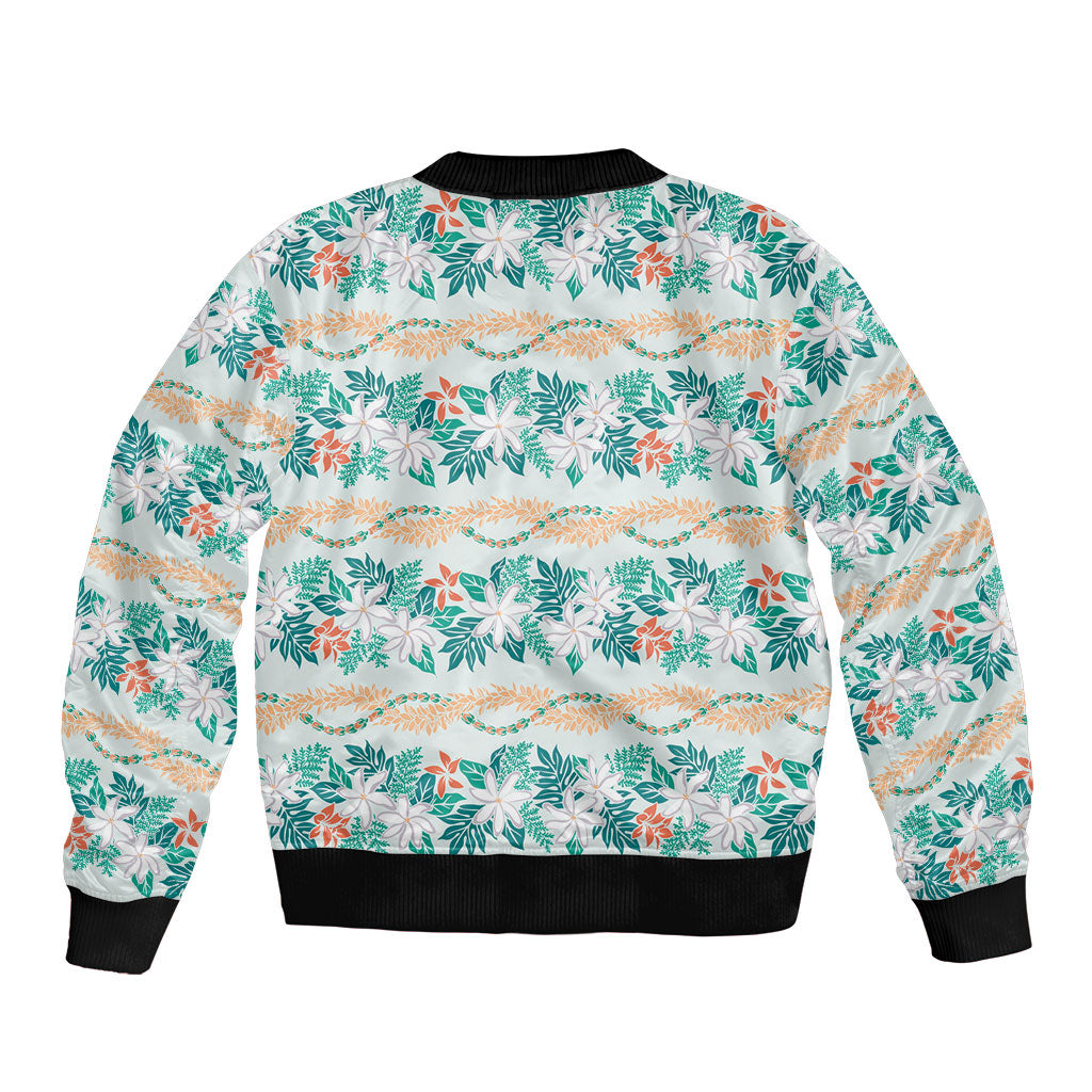 Monstera Tiare Plumeria Lei Pattern Bomber Jacket Teal Version