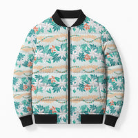 Monstera Tiare Plumeria Lei Pattern Bomber Puffer Jacket Teal Version