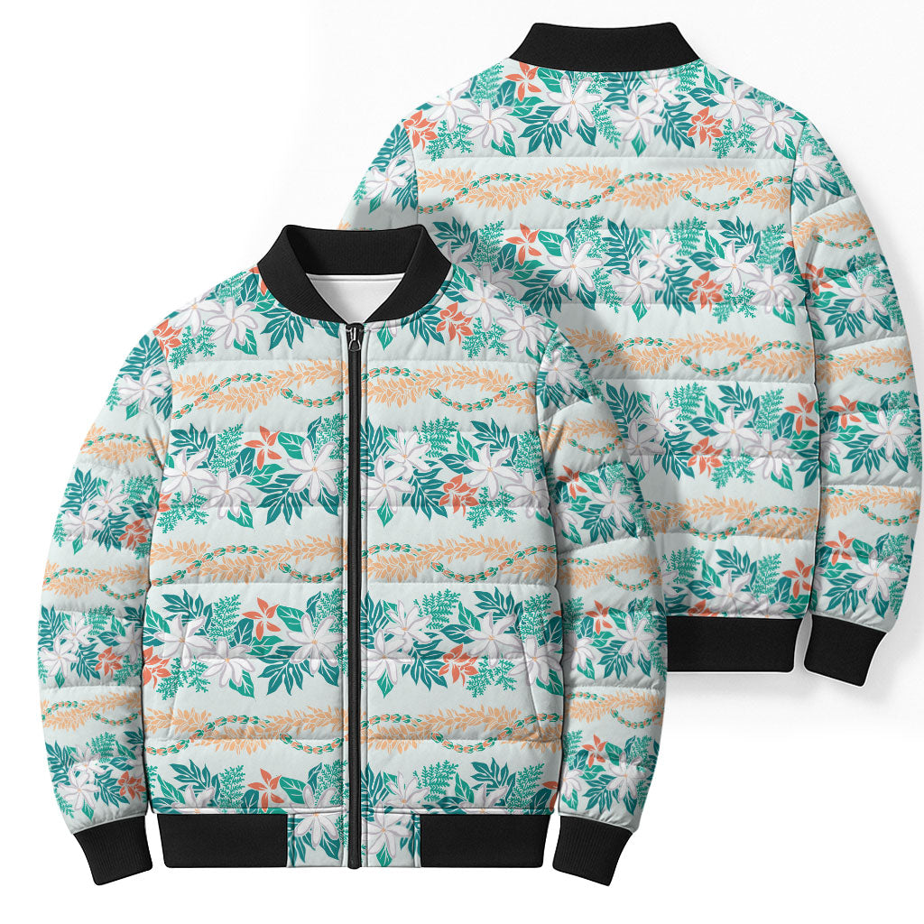 Monstera Tiare Plumeria Lei Pattern Bomber Puffer Jacket Teal Version