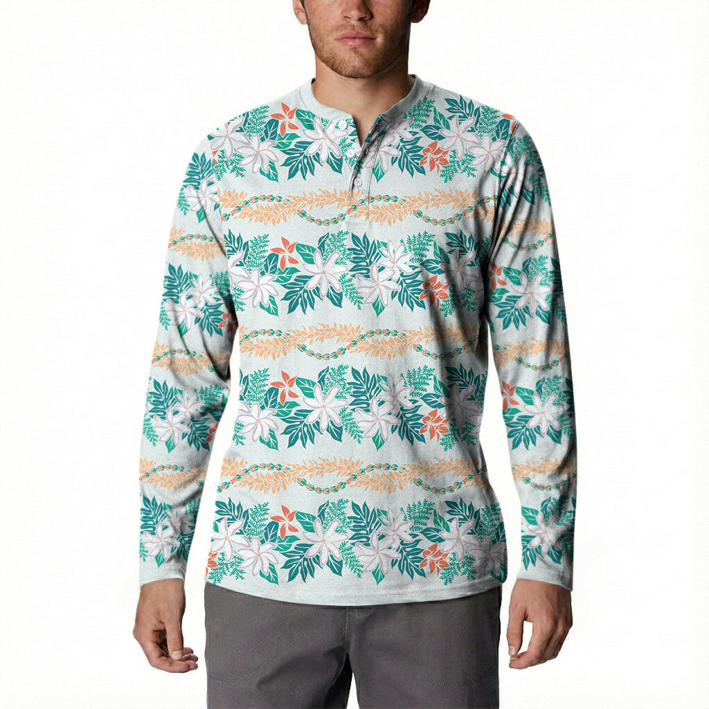 Monstera Tiare Plumeria Lei Pattern Button Sweatshirt Teal Version LT01 - Polynesian Pride
