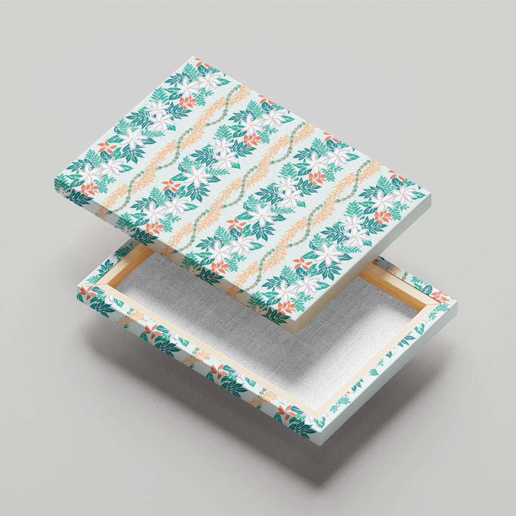 Monstera Tiare Plumeria Lei Pattern Canvas Wall Art Teal Version