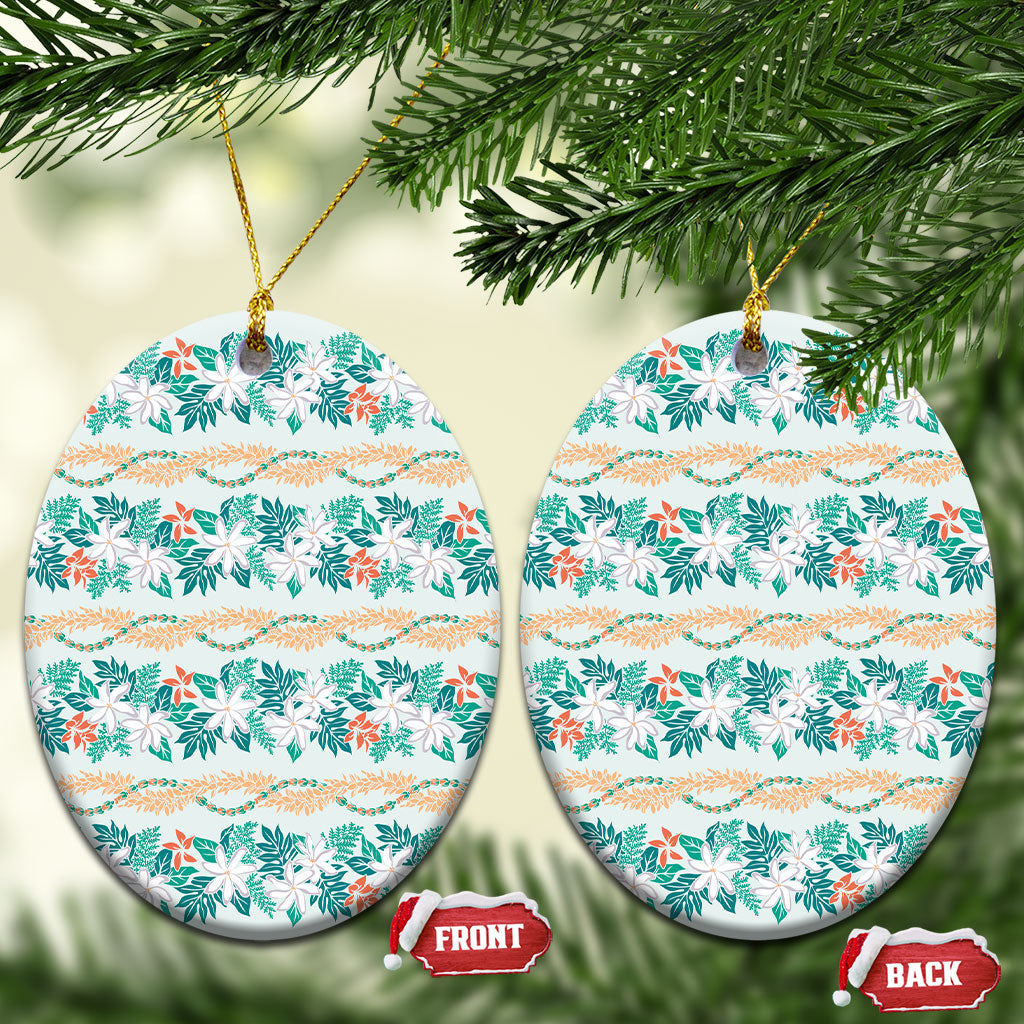 Monstera Tiare Plumeria Lei Pattern Ceramic Ornament Teal Version