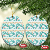 Monstera Tiare Plumeria Lei Pattern Ceramic Ornament Teal Version