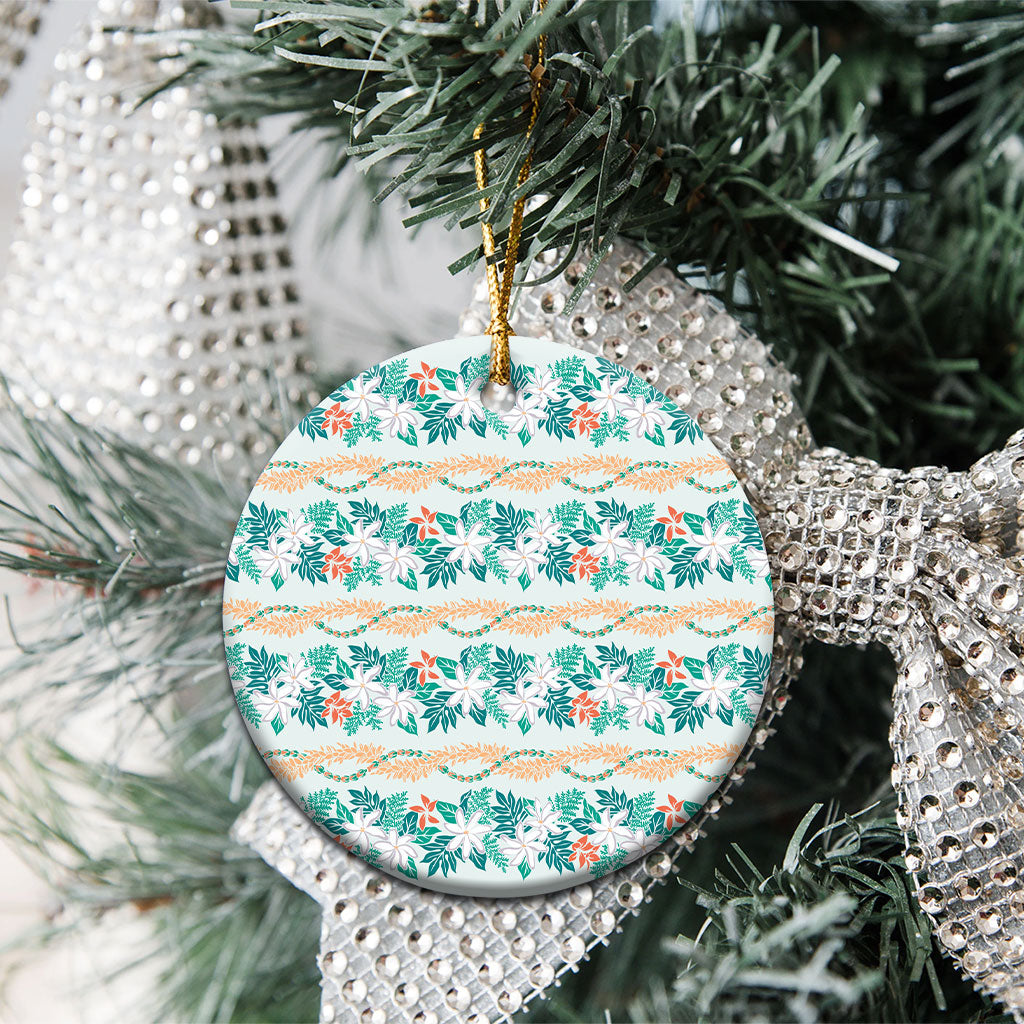 Monstera Tiare Plumeria Lei Pattern Ceramic Ornament Teal Version