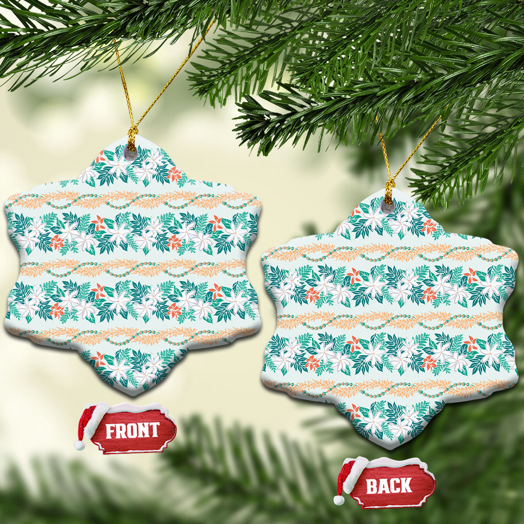 Monstera Tiare Plumeria Lei Pattern Ceramic Ornament Teal Version