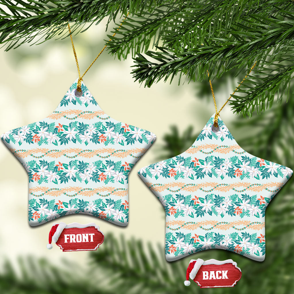 Monstera Tiare Plumeria Lei Pattern Ceramic Ornament Teal Version