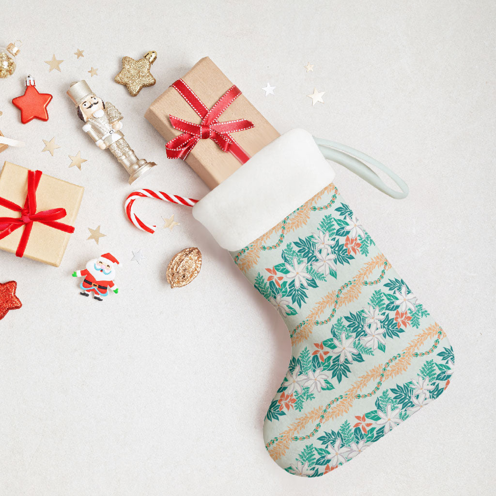 Monstera Tiare Plumeria Lei Pattern Christmas Stocking Teal Version