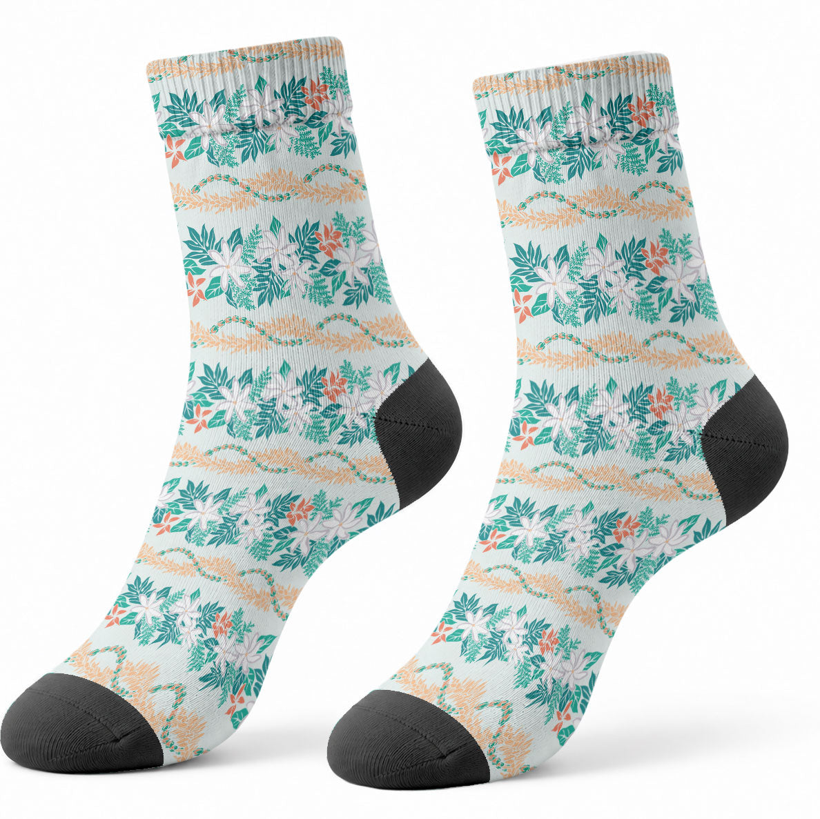 Monstera Tiare Plumeria Lei Pattern Crew Socks Teal Version LT01 - Polynesian Pride