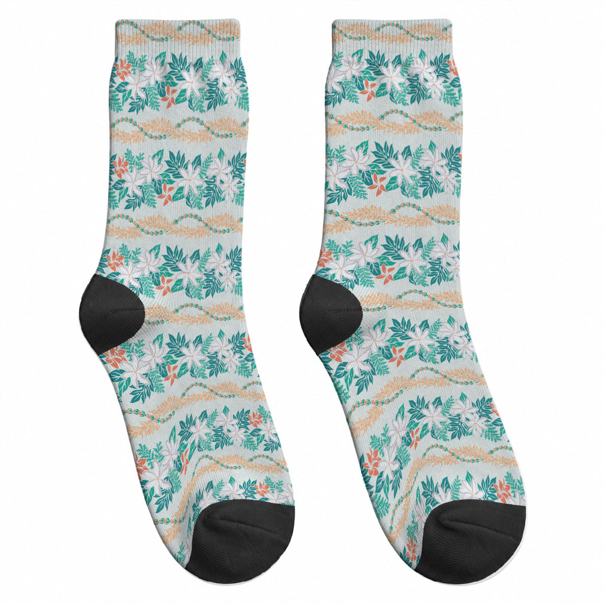 Monstera Tiare Plumeria Lei Pattern Crew Socks Teal Version LT01 - Polynesian Pride