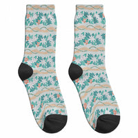 Monstera Tiare Plumeria Lei Pattern Crew Socks Teal Version LT01 - Polynesian Pride