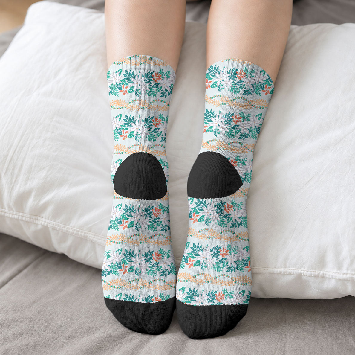 Monstera Tiare Plumeria Lei Pattern Crew Socks Teal Version LT01 - Polynesian Pride