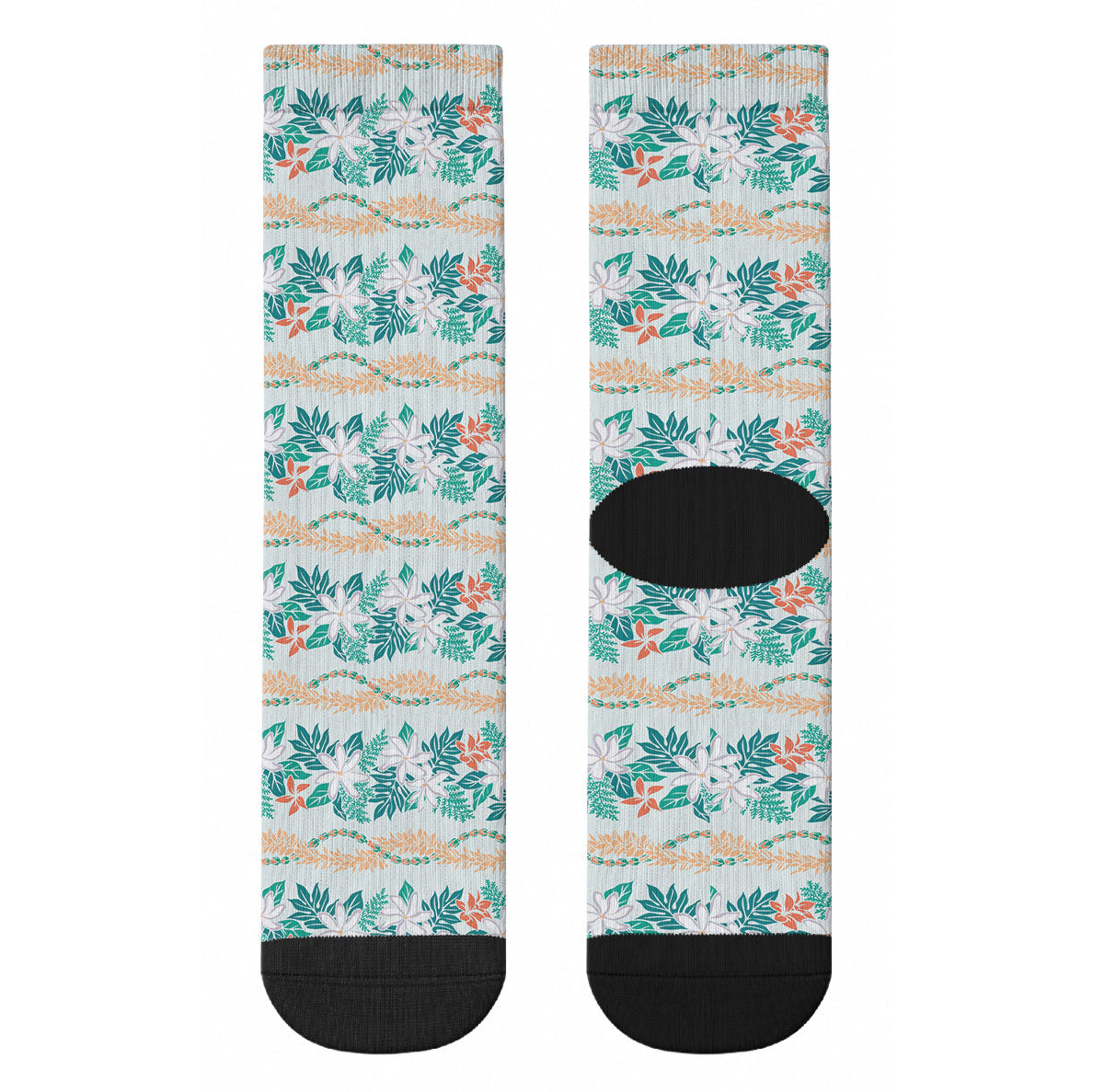 Monstera Tiare Plumeria Lei Pattern Crew Socks Teal Version LT01 - Polynesian Pride