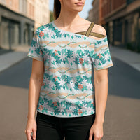 Monstera Tiare Plumeria Lei Pattern Cross Shoulder Shirt Teal Version
