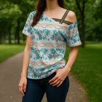 Monstera Tiare Plumeria Lei Pattern Cross Shoulder Shirt Teal Version