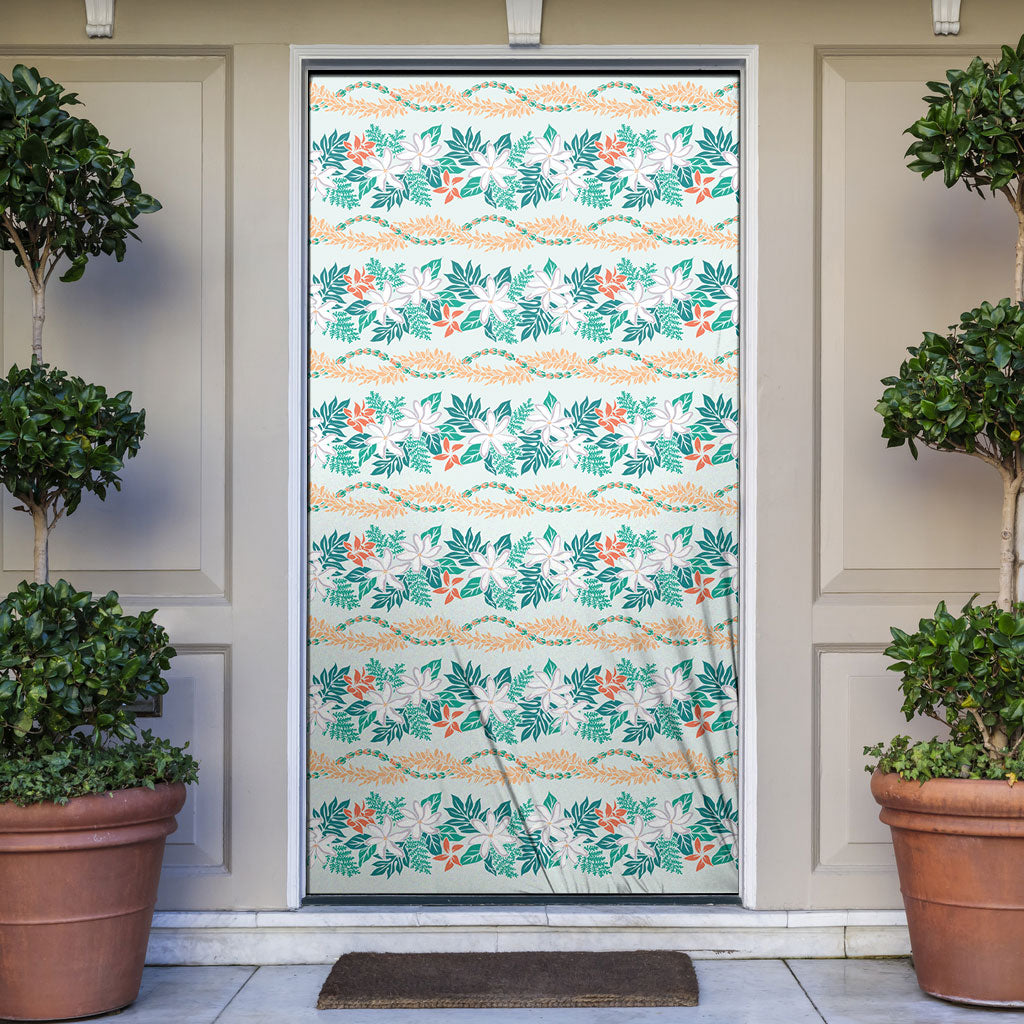 Monstera Tiare Plumeria Lei Pattern Door Cover Teal Version