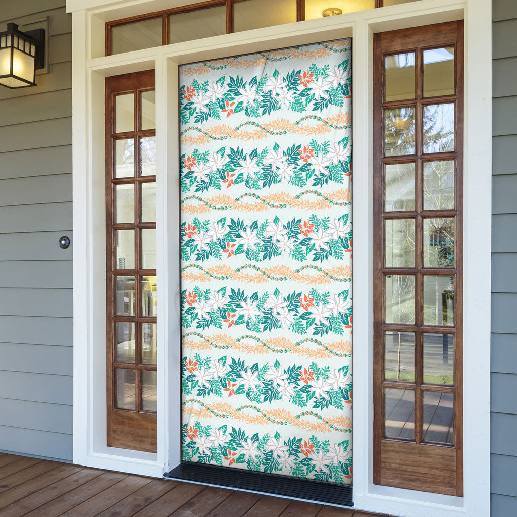 Monstera Tiare Plumeria Lei Pattern Door Cover Teal Version