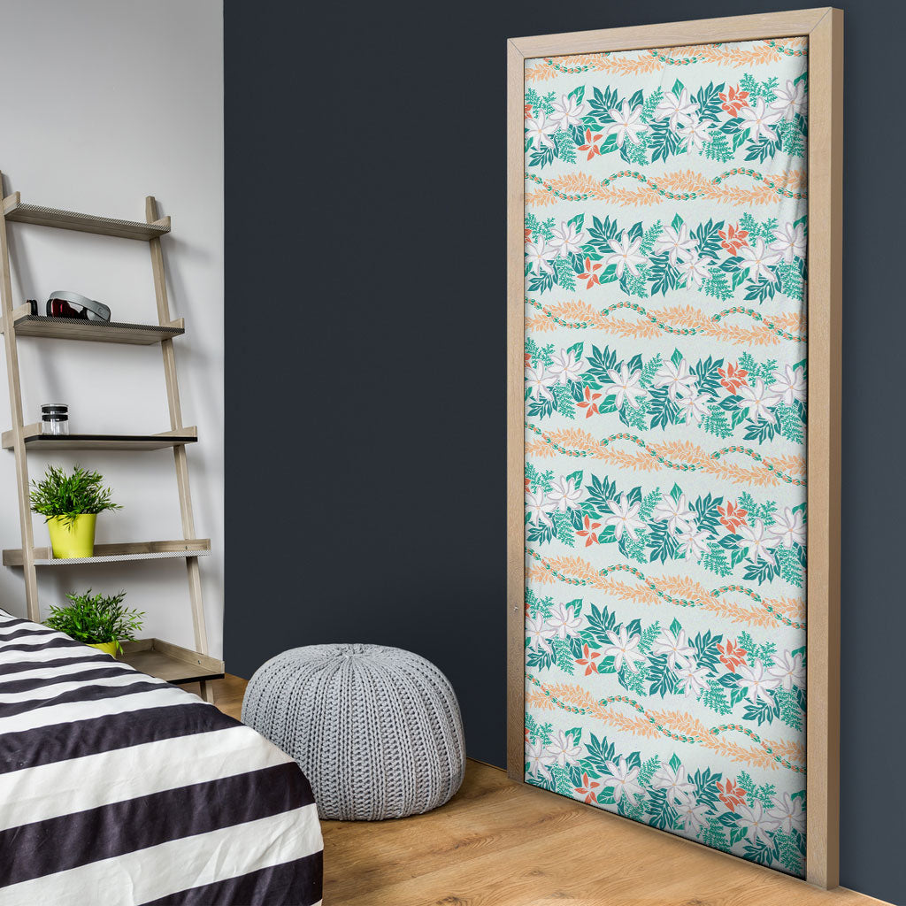 Monstera Tiare Plumeria Lei Pattern Door Cover Teal Version