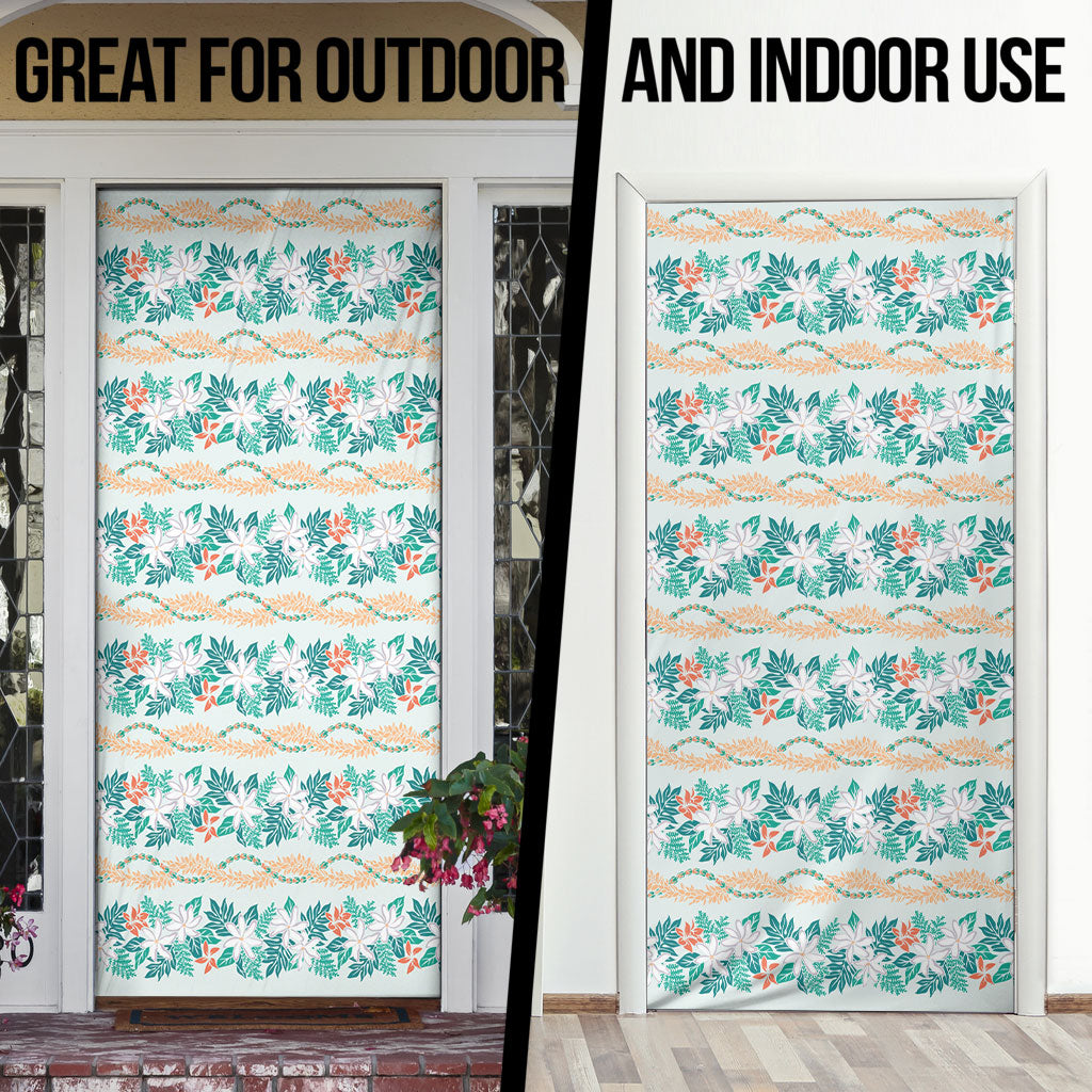 Monstera Tiare Plumeria Lei Pattern Door Cover Teal Version