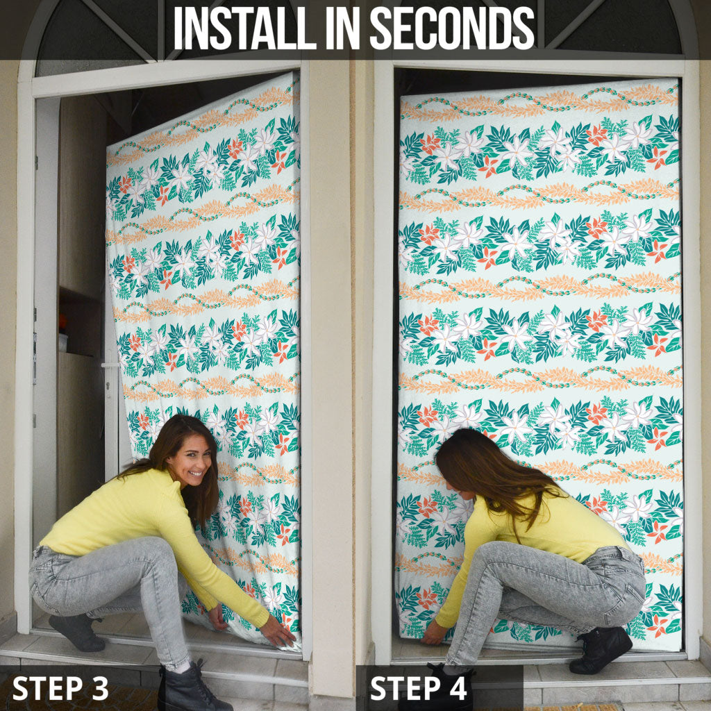 Monstera Tiare Plumeria Lei Pattern Door Cover Teal Version