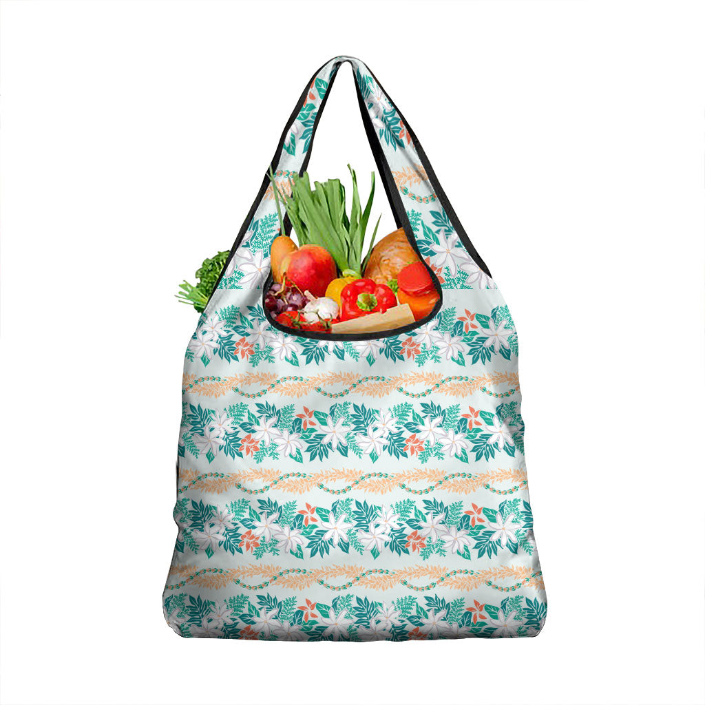 Monstera Tiare Plumeria Lei Pattern Grocery Bag Teal Version