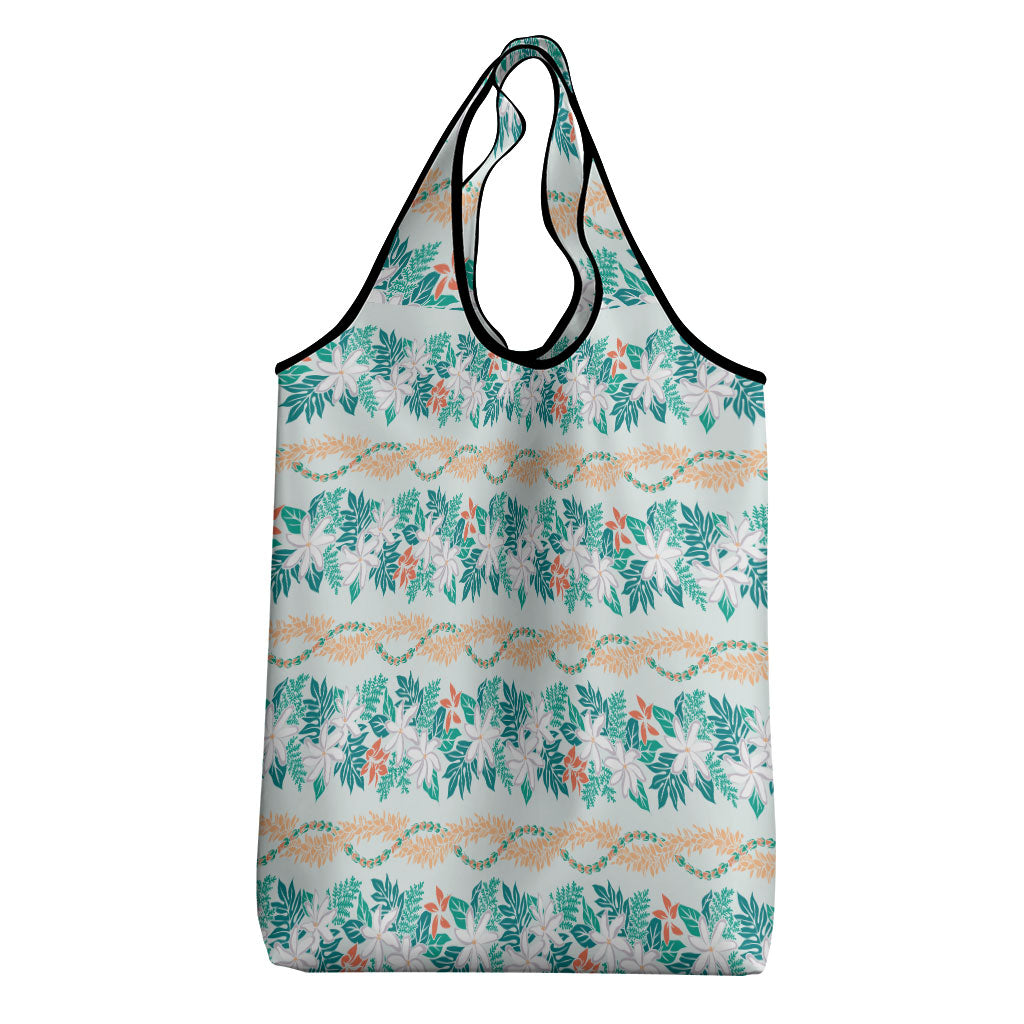 Monstera Tiare Plumeria Lei Pattern Grocery Bag Teal Version