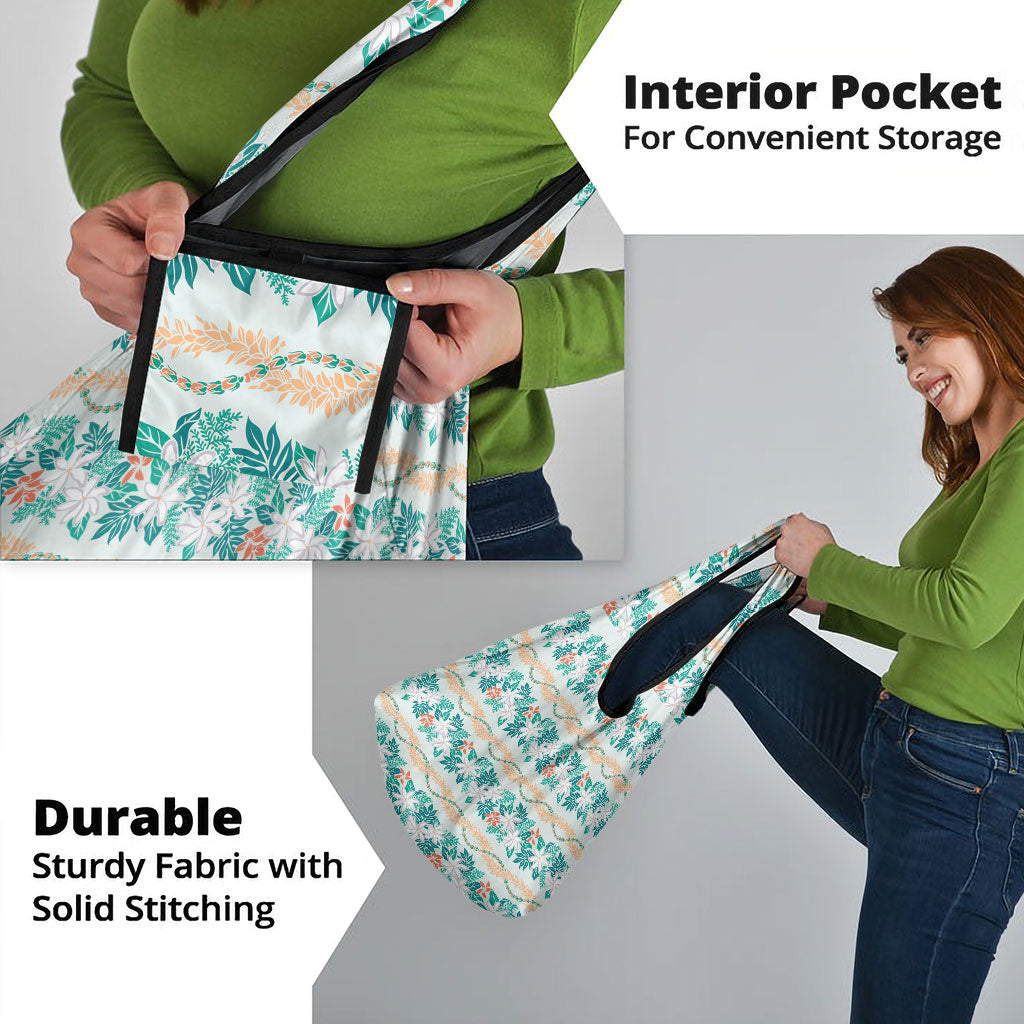 Monstera Tiare Plumeria Lei Pattern Grocery Bag Teal Version