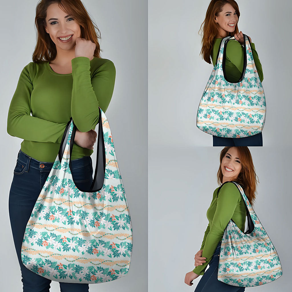 Monstera Tiare Plumeria Lei Pattern Grocery Bag Teal Version