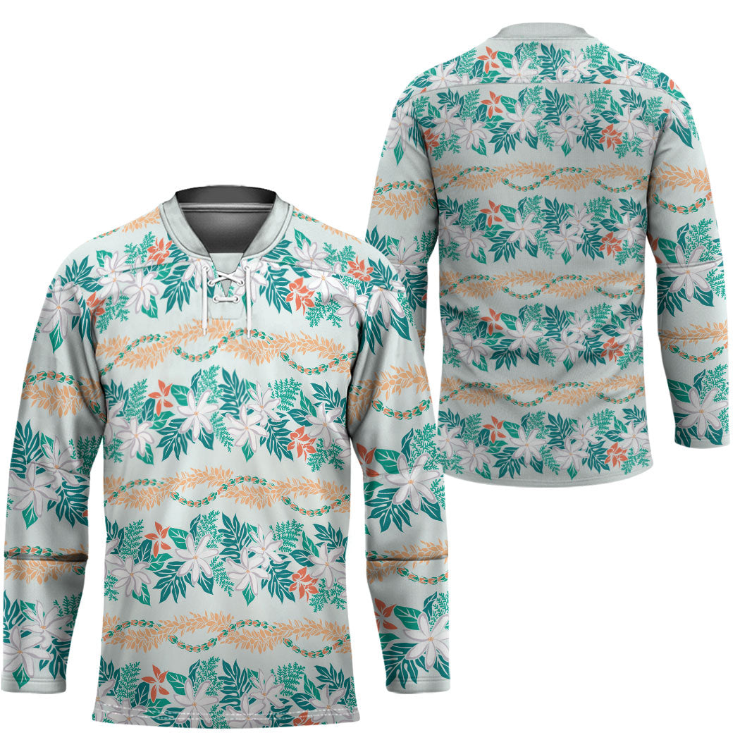 Monstera Tiare Plumeria Lei Pattern Hockey Jersey Teal Version