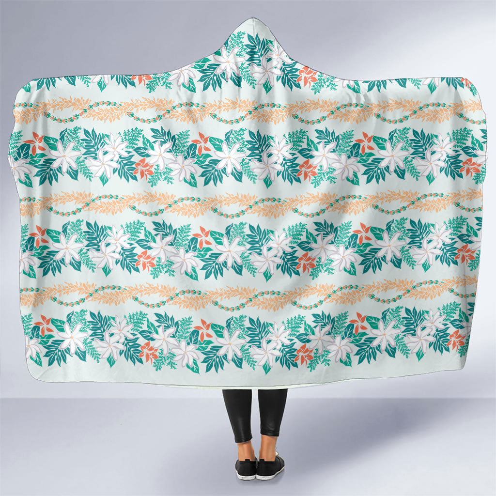 Monstera Tiare Plumeria Lei Pattern Hooded Blanket Teal Version