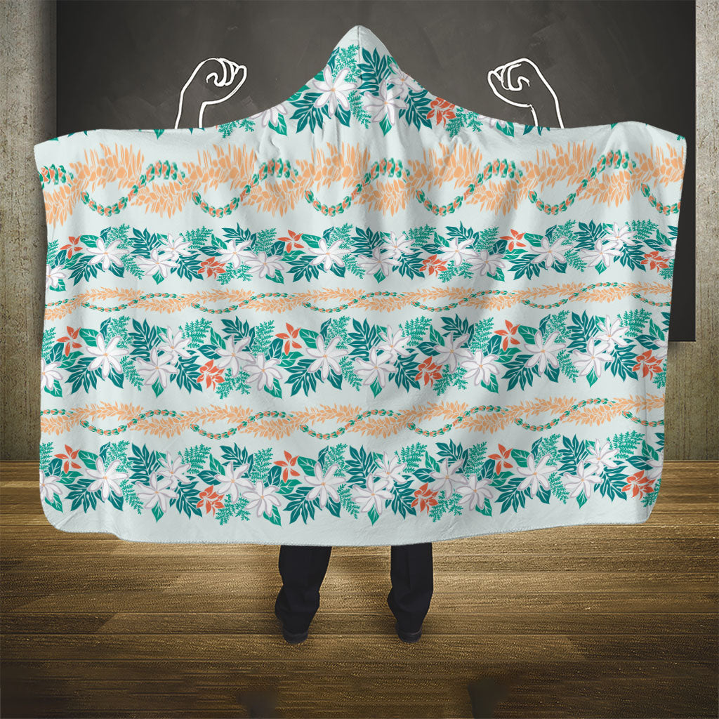 Monstera Tiare Plumeria Lei Pattern Hooded Blanket Teal Version