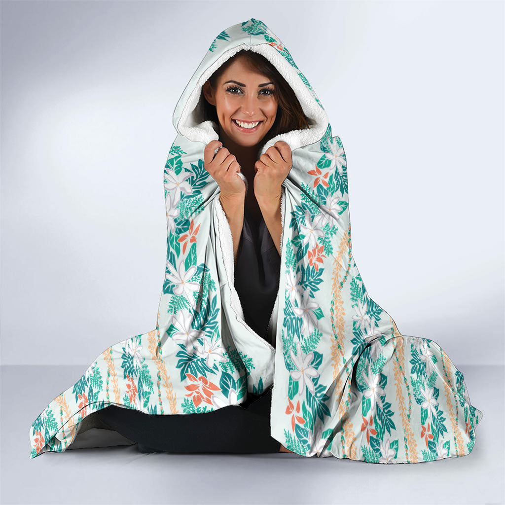 Monstera Tiare Plumeria Lei Pattern Hooded Blanket Teal Version