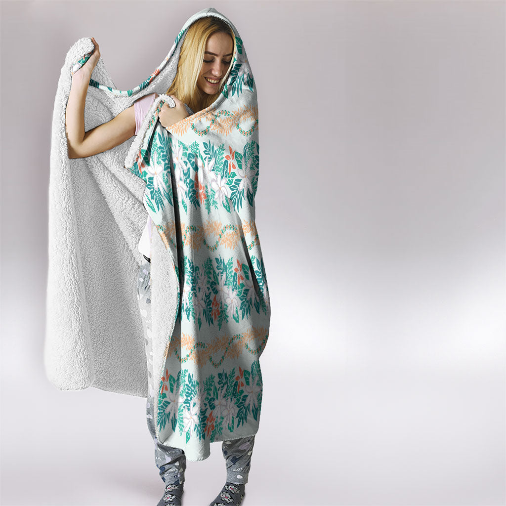 Monstera Tiare Plumeria Lei Pattern Hooded Blanket Teal Version