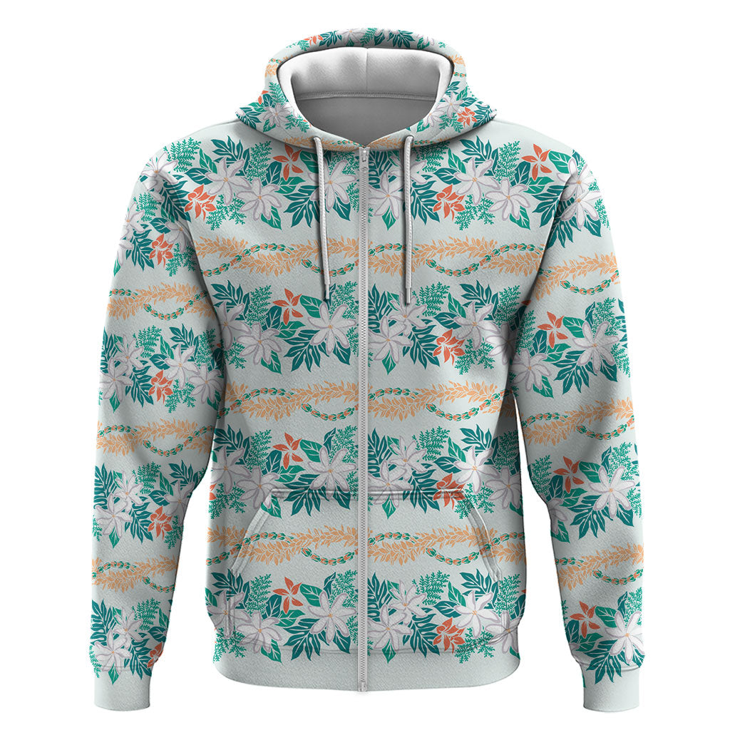 Monstera Tiare Plumeria Lei Pattern Hoodie Teal Version LT01 Zip Hoodie Teal - Polynesian Pride