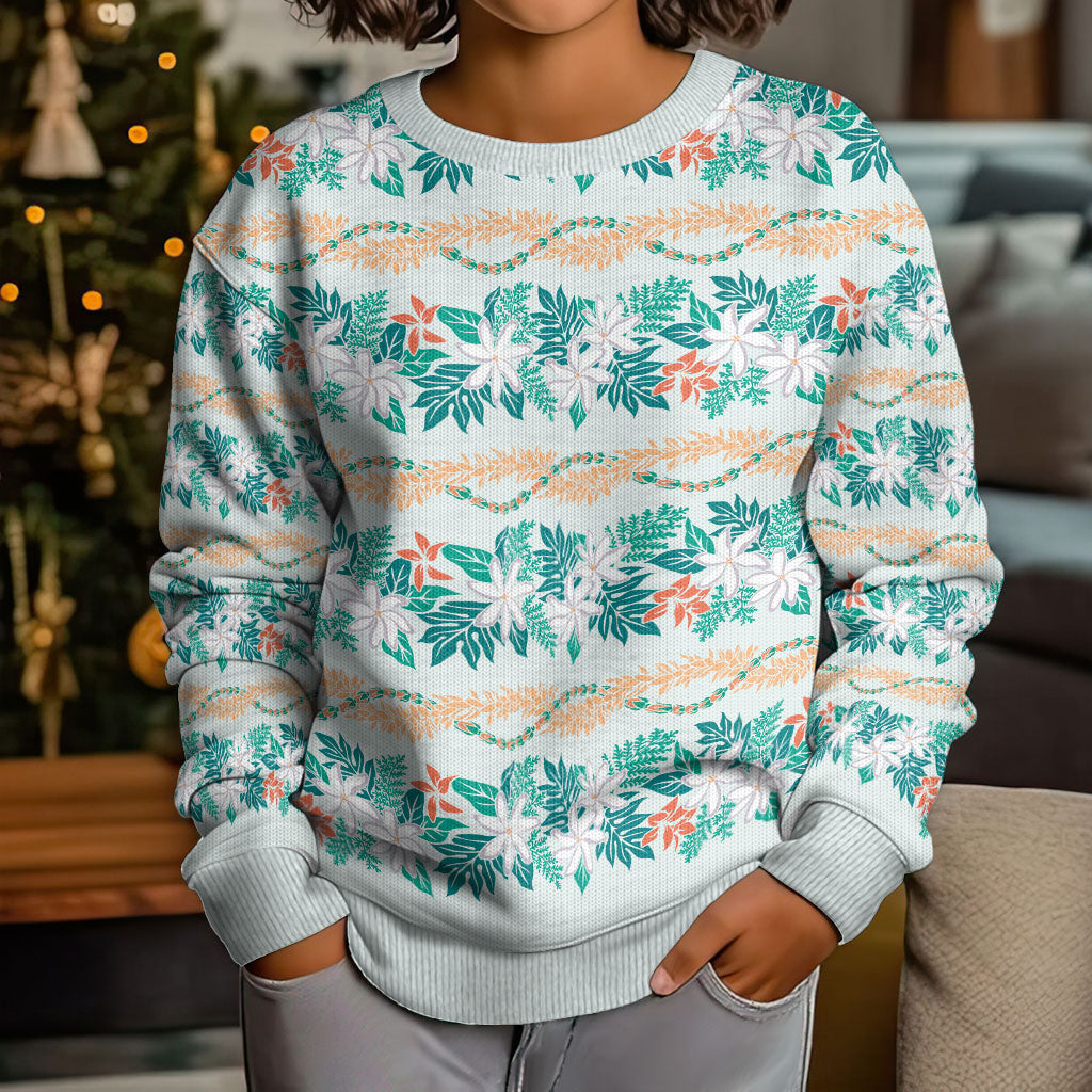 Monstera Tiare Plumeria Lei Pattern Kid Ugly Christmas Sweater Teal Version