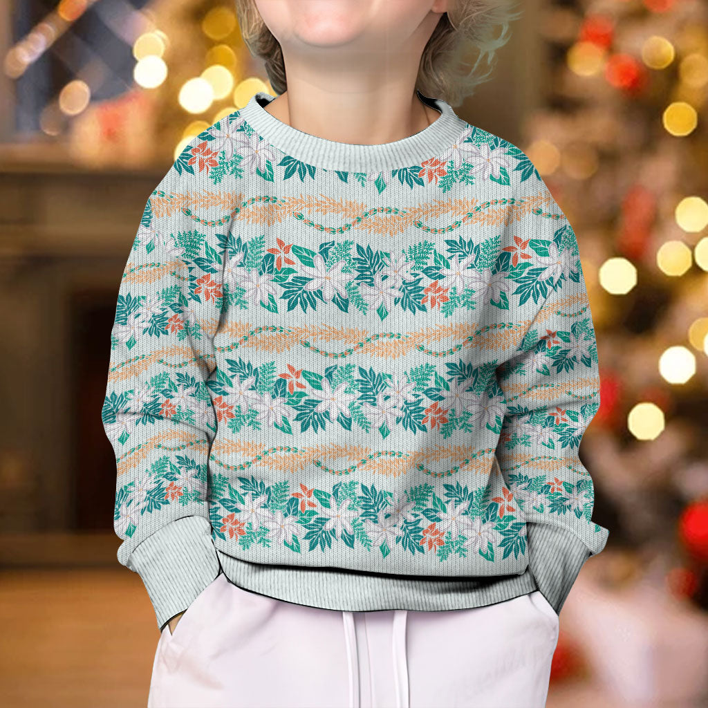 Monstera Tiare Plumeria Lei Pattern Kid Ugly Christmas Sweater Teal Version