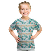 Monstera Tiare Plumeria Lei Pattern Kid T Shirt Teal Version