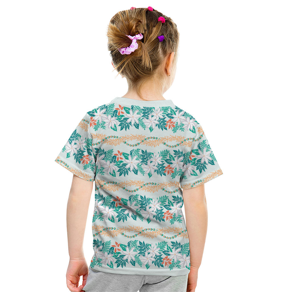 Monstera Tiare Plumeria Lei Pattern Kid T Shirt Teal Version