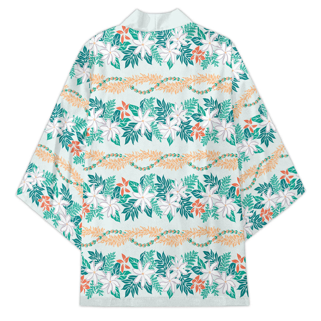 Monstera Tiare Plumeria Lei Pattern Kimono Teal Version