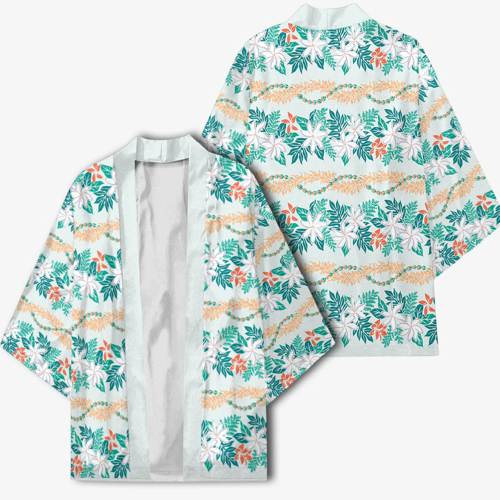 Monstera Tiare Plumeria Lei Pattern Kimono Teal Version