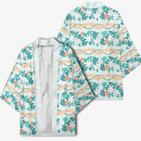Monstera Tiare Plumeria Lei Pattern Kimono Teal Version